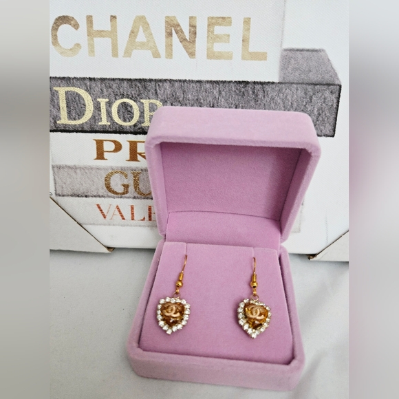 Jewelry - Chanel Stamped Gold and Rhinestone Heart Earrings